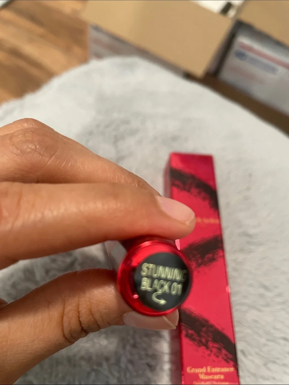 Elizabeth Arden Red Metallic Mascara Tube with Black Brushstroke Accents